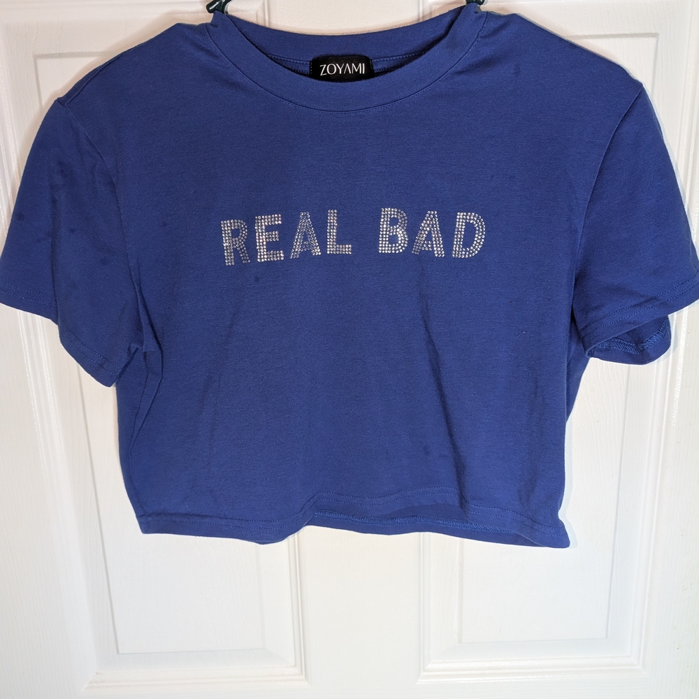 No Boundaries Blue Crop Top with Rhinestone Text